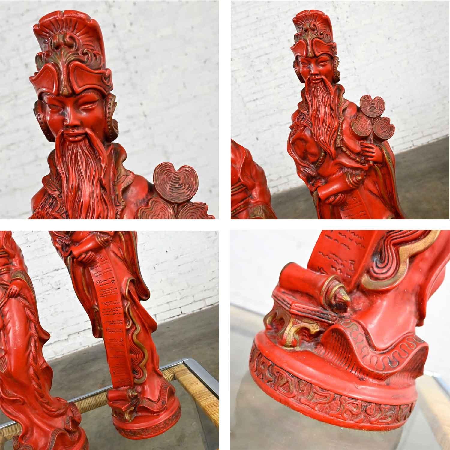 Vintage Asian Style Chinoiserie Faux Cinnabar Large Red Statues Male & Female For Sale 3