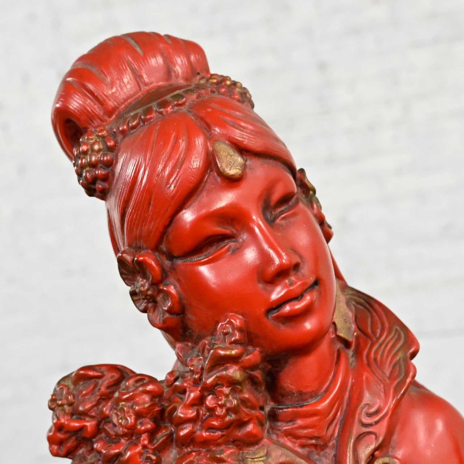 Vintage Asian Style Chinoiserie Faux Cinnabar Large Red Statues Male & Female For Sale 4