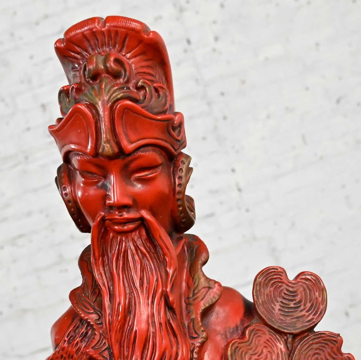 Vintage Asian Style Chinoiserie Faux Cinnabar Large Red Statues Male & Female For Sale 5