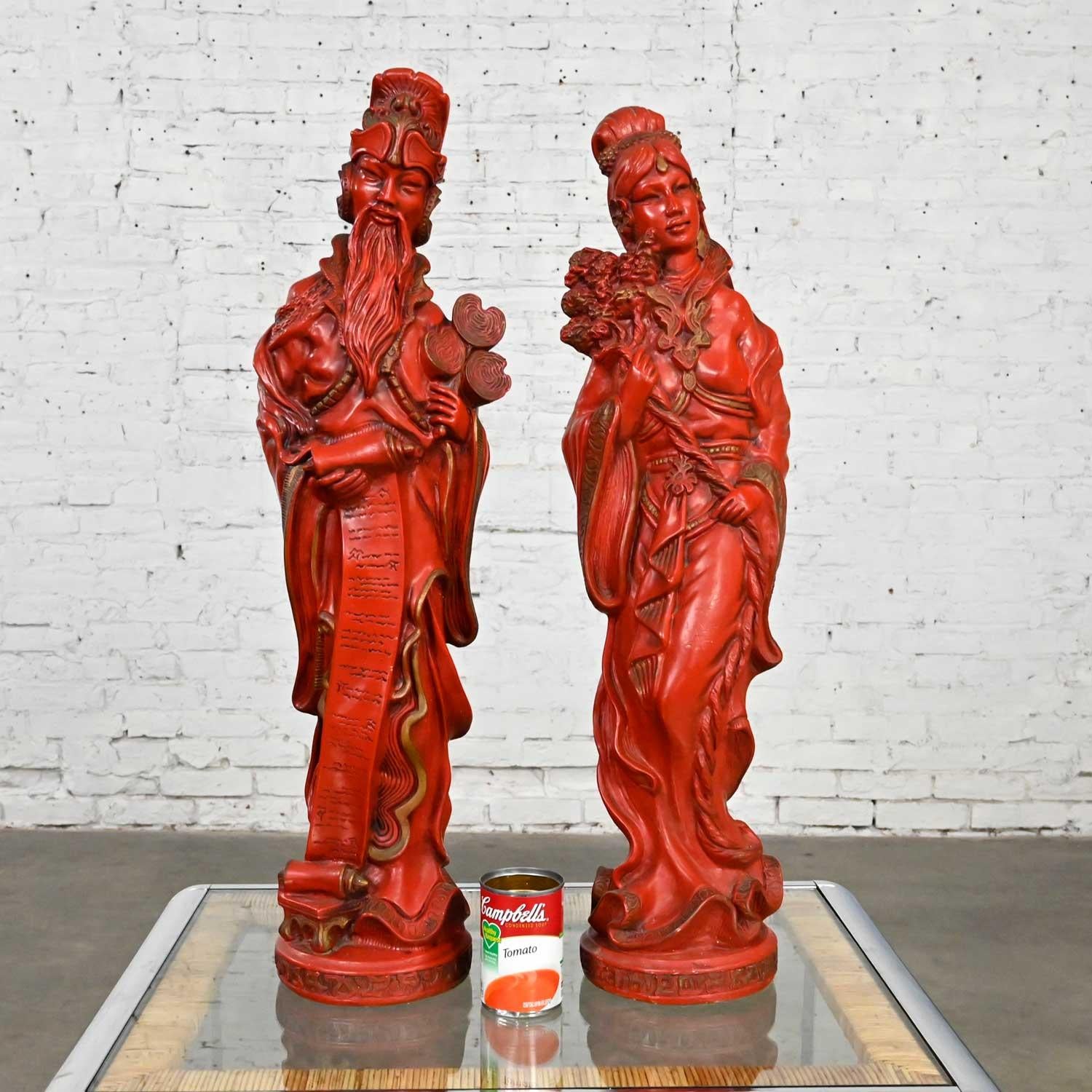 Vintage Asian Style Chinoiserie Faux Cinnabar Large Red Statues Male & Female For Sale 6