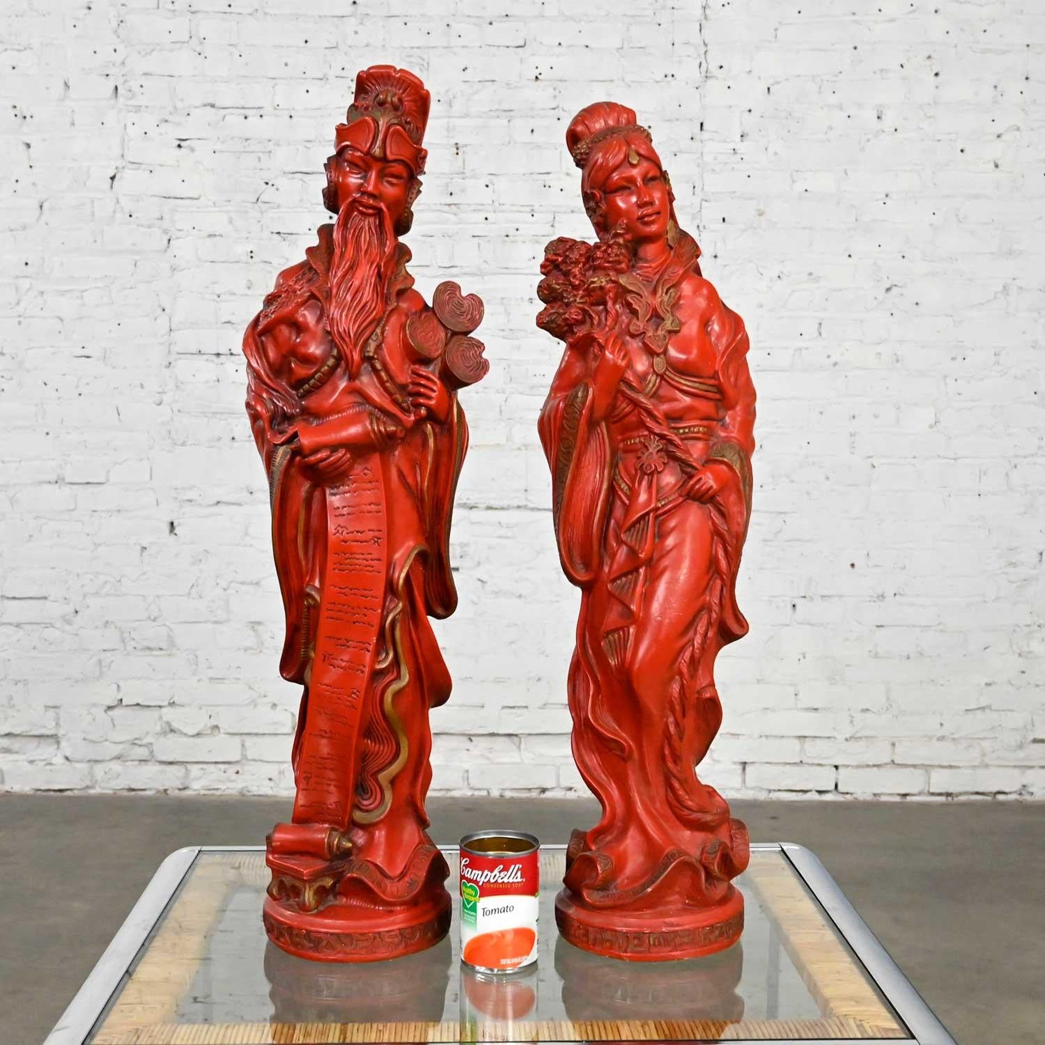 Statue vintage Asian Style in finto cinabro rosso di grandi dimensioni Maschio e Femmina in vendita 7