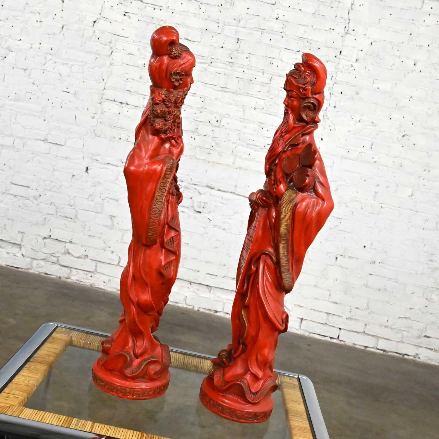 Cineserie Statue vintage Asian Style in finto cinabro rosso di grandi dimensioni Maschio e Femmina in vendita
