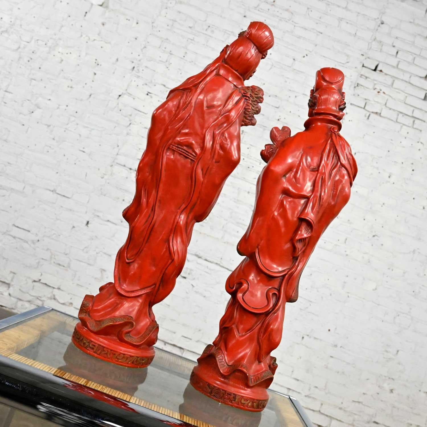 Unknown Vintage Asian Style Chinoiserie Faux Cinnabar Large Red Statues Male & Female For Sale
