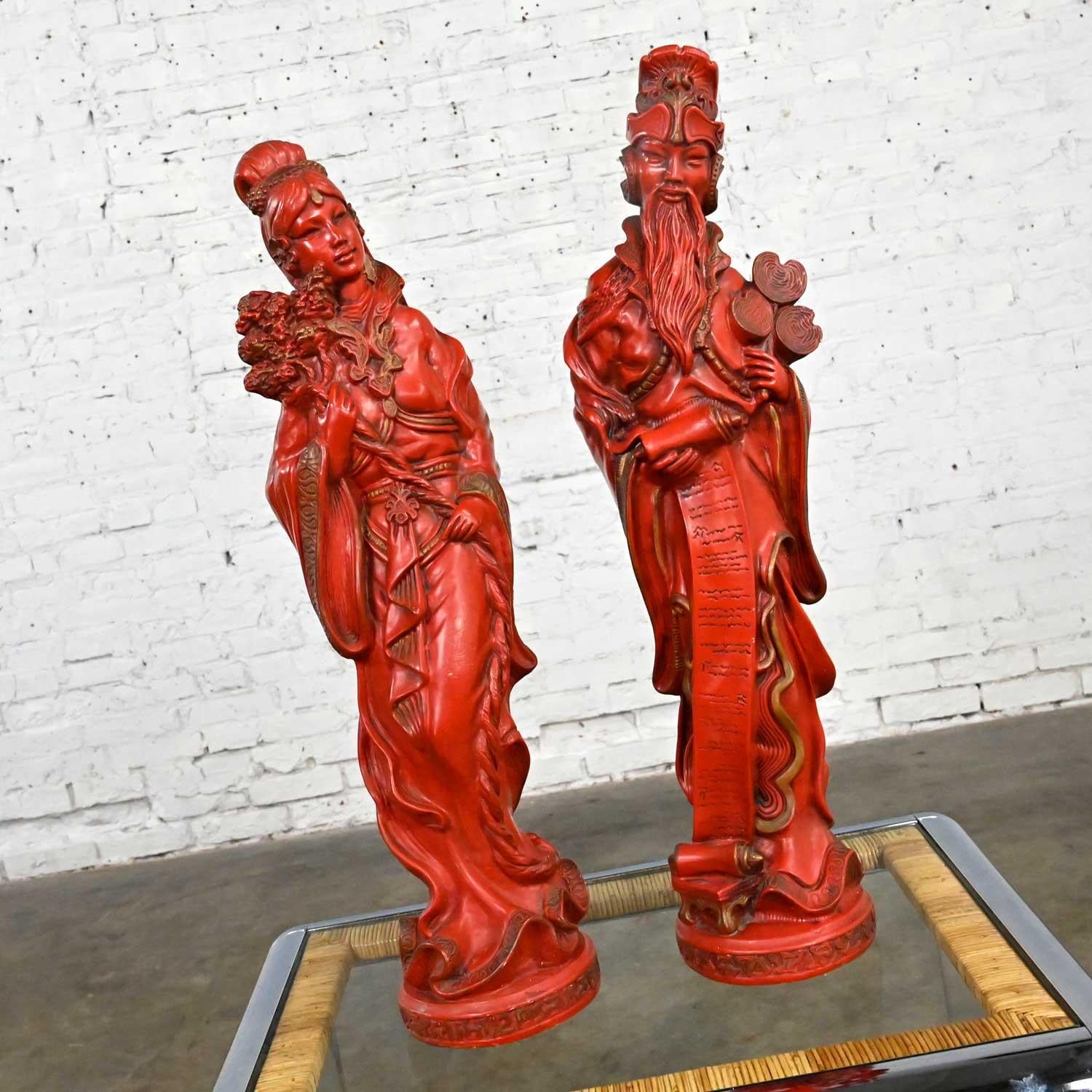 Vintage Asian Style Chinoiserie Faux Cinnabar Large Red Statues Male & Female In Good Condition For Sale In Topeka, KS