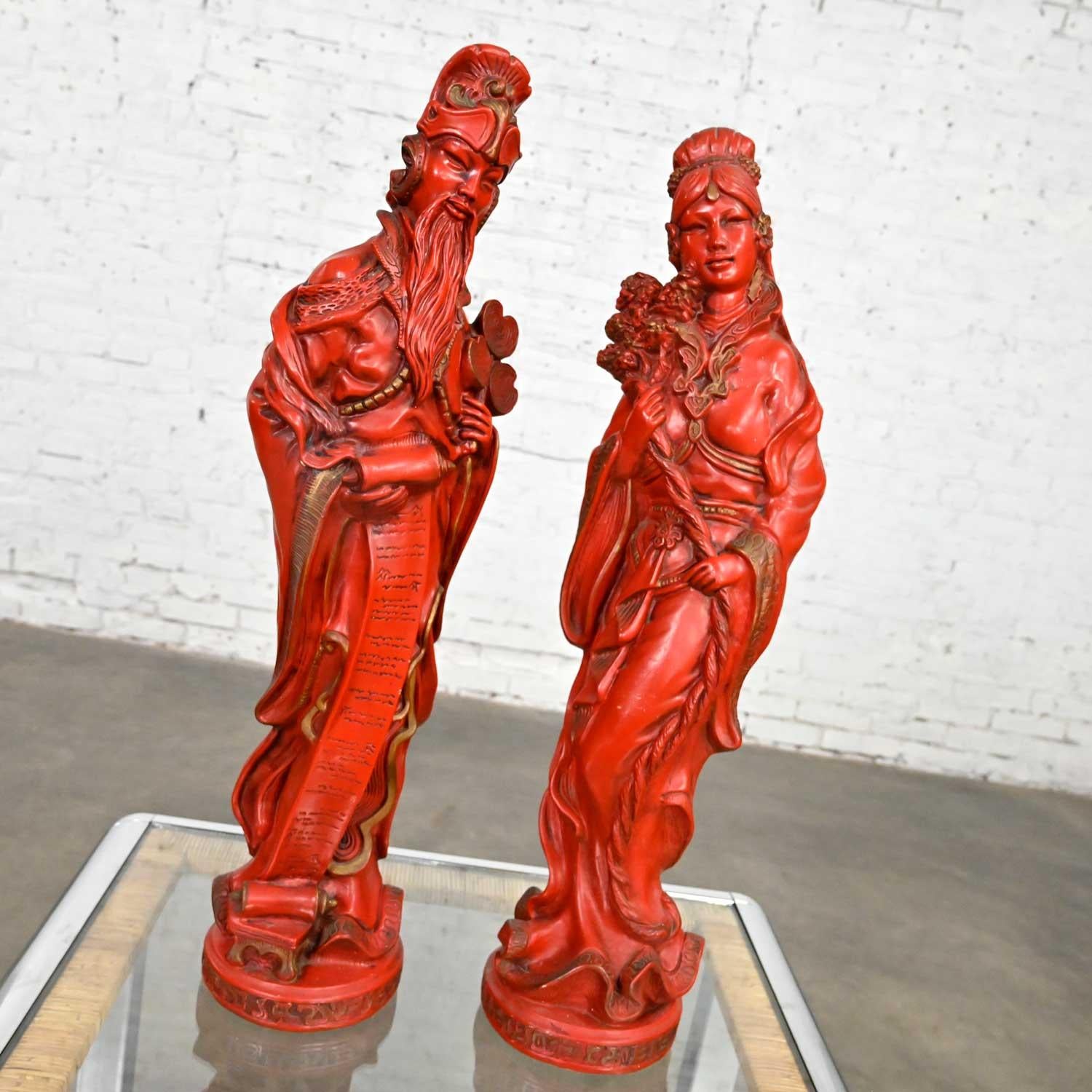 20th Century Vintage Asian Style Chinoiserie Faux Cinnabar Large Red Statues Male & Female For Sale