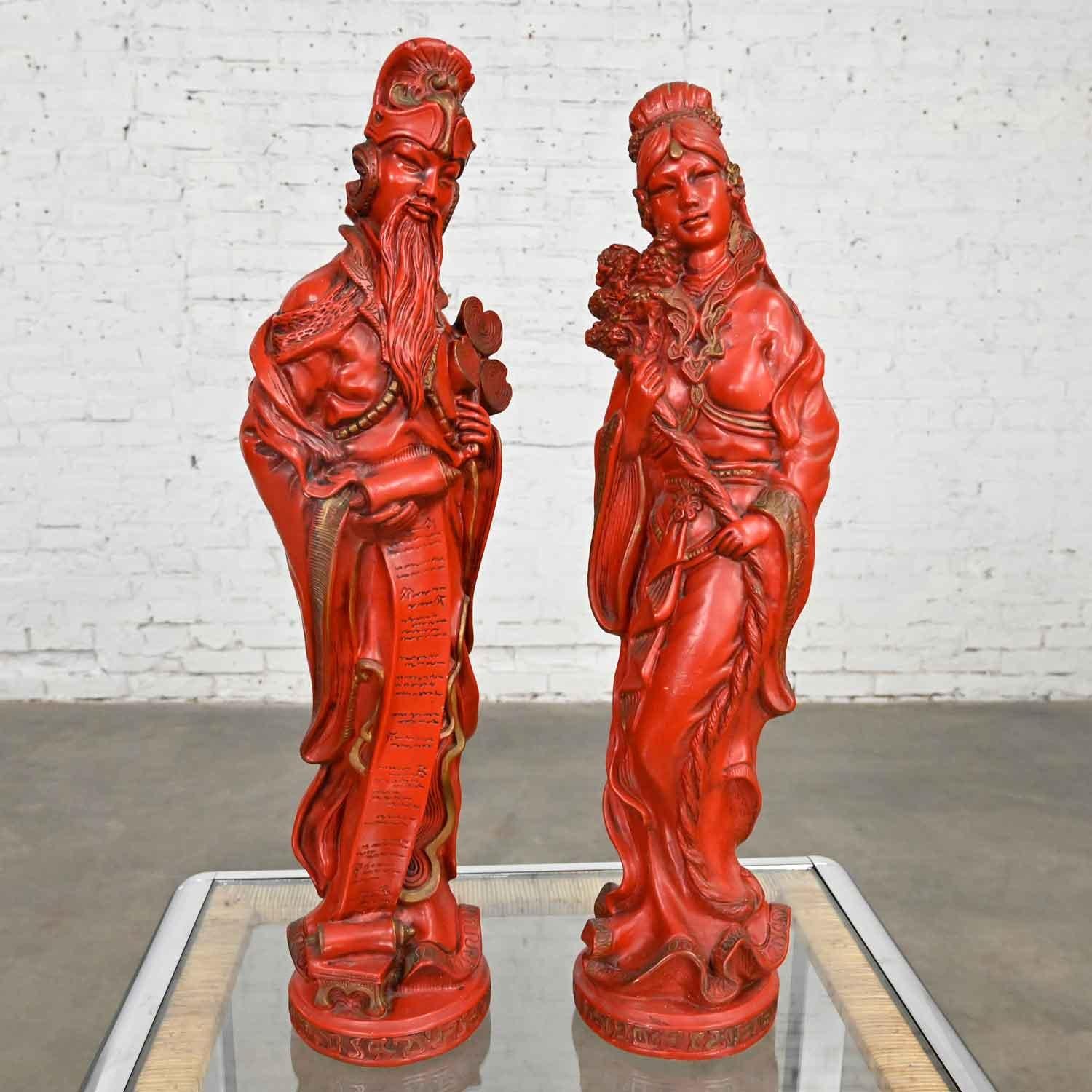 Plastic Vintage Asian Style Chinoiserie Faux Cinnabar Large Red Statues Male & Female For Sale