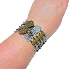 Vintage Asian style mixed metal silver bronze gold tone dangle B wide bracelet