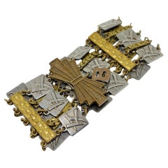 Vintage Asian style mixed metal silver bronze gold tone dangle B wide bracelet