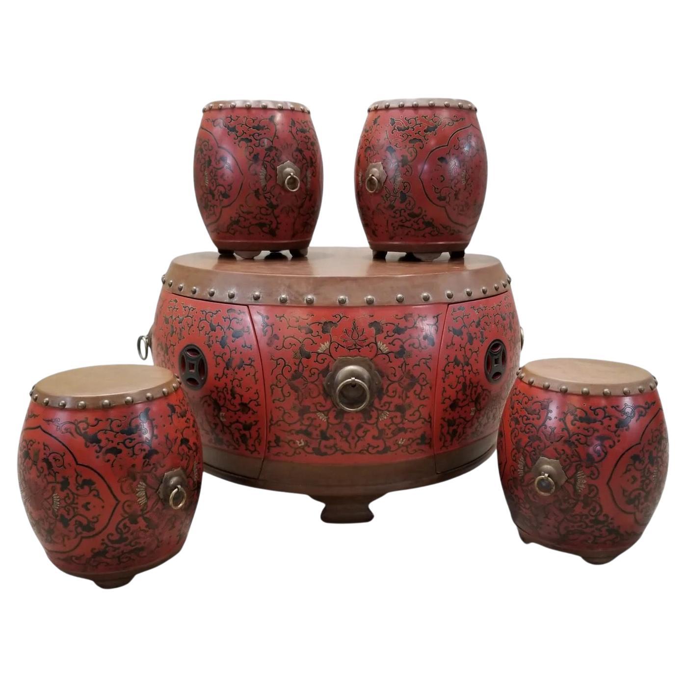 Table basse/côté Vintage Asian Style Red Coromandel Drum - Set Of 5