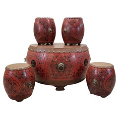 Vintage Asian Style Rot Coromandel Trommel Kaffee / Beistelltisch - Set von 5