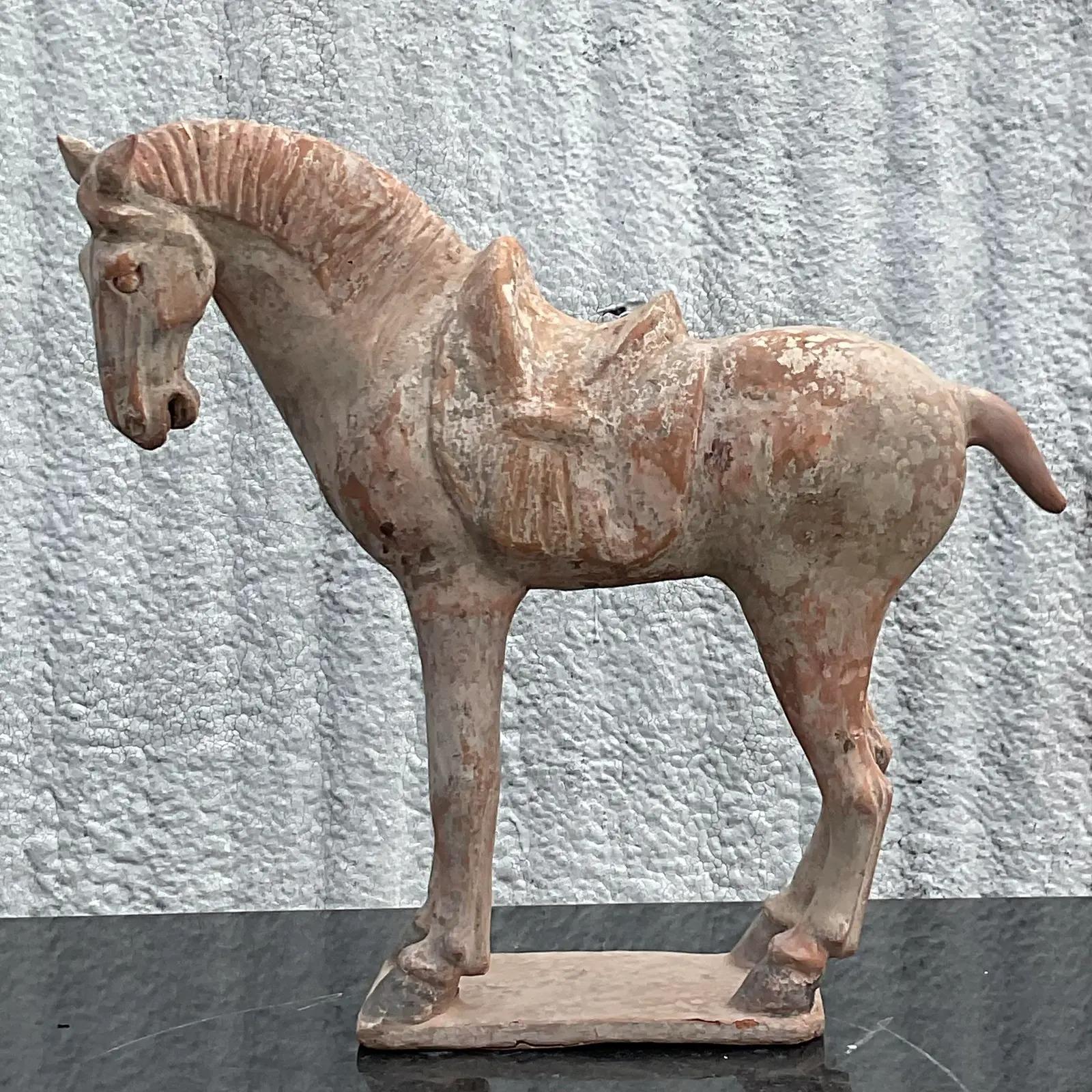 Terracotta Vintage Asian Terra Cotta 19th Century Tang Dynasty Horse For Sale