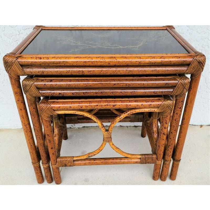 For FULL item description click on CONTINUE READING at the bottom of this page.

Offering One Of Our Recent Palm Beach Estate Fine Furniture Acquisitions Of A 
Set of (3) Hand Painted Asian Chinoiserie Themed Tiger Bamboo Rattan Nesting