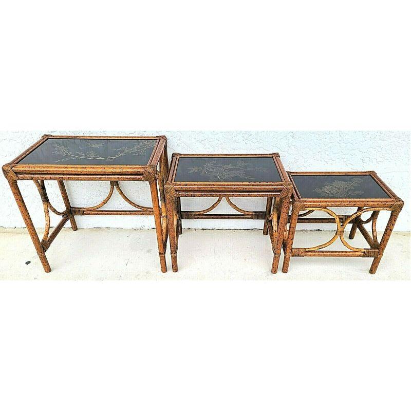Chinoiserie Vintage Asian Tiger Bamboo Rattan Nesting Tables For Sale