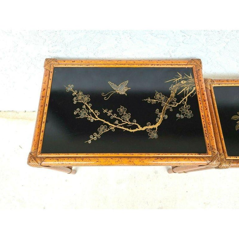 Vintage Asian Tiger Bamboo Rattan Nesting Tables For Sale at 1stDibs