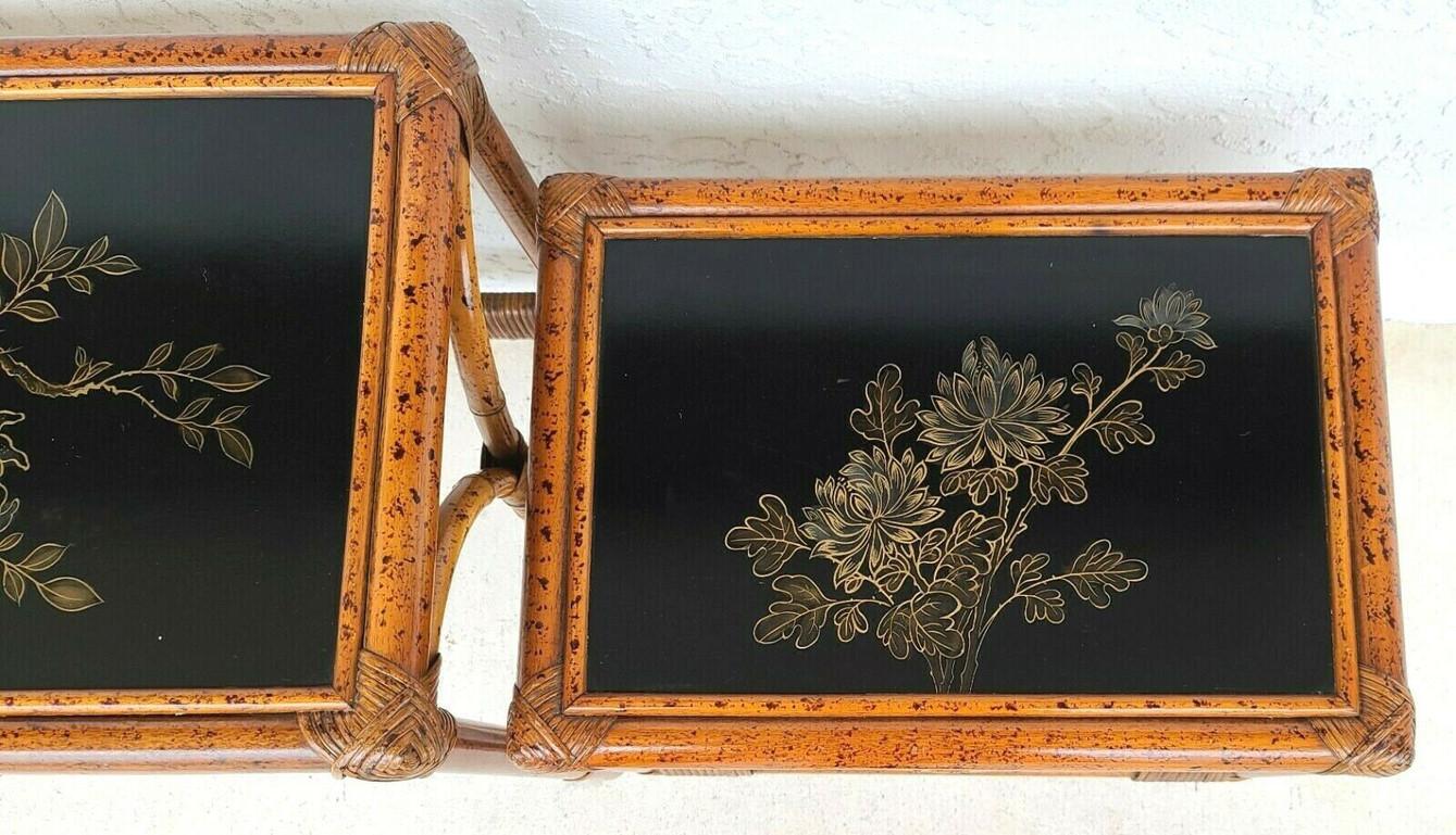 Vintage Asian Tiger Bamboo Rattan Nesting Tables 1