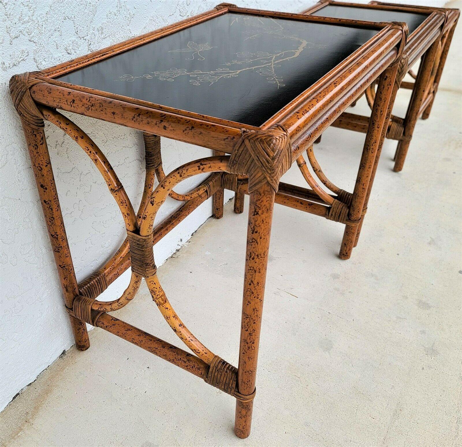 Vintage Asian Tiger Bamboo Rattan Nesting Tables For Sale 2