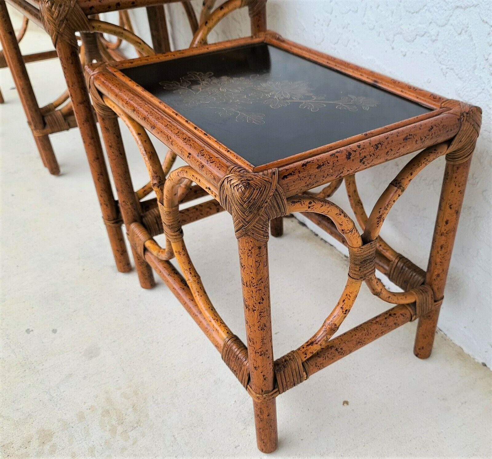 Vintage Asian Tiger Bamboo Rattan Nesting Tables For Sale 3