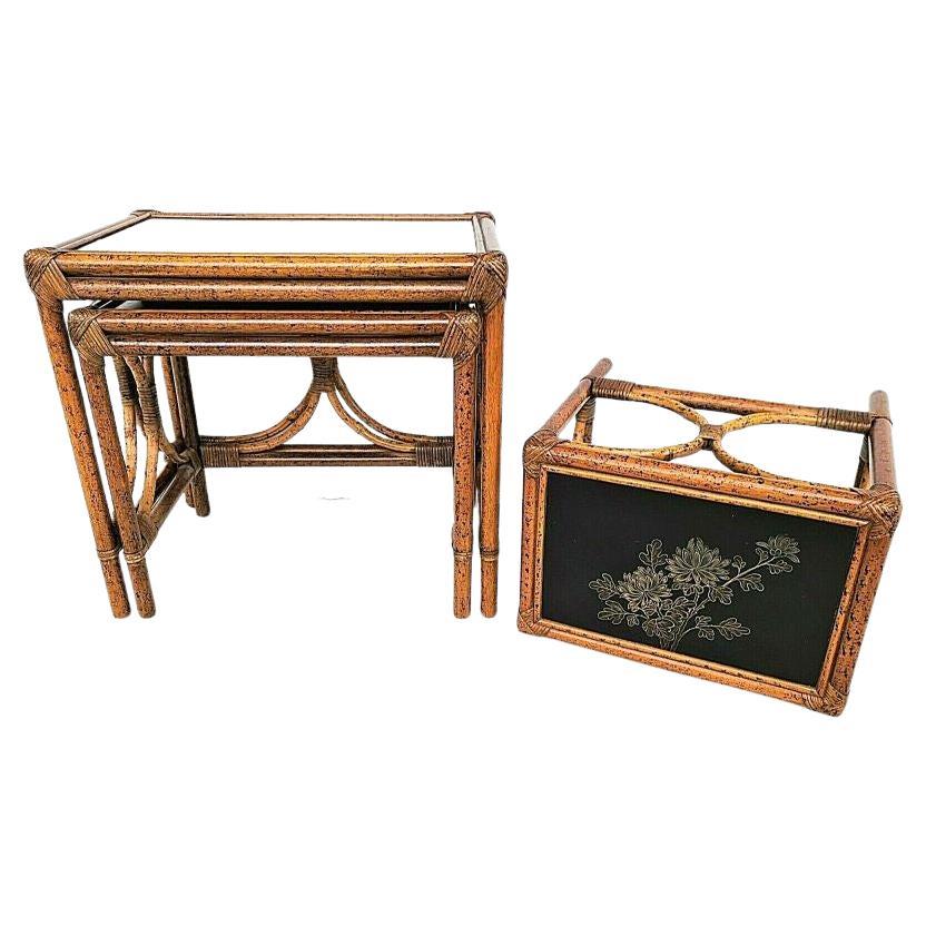 Vintage Asian Tiger Bamboo Rattan Nesting Tables For Sale