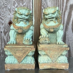 Vintage Asian Tinted Cast Concrete Foo Dogs - a Pair