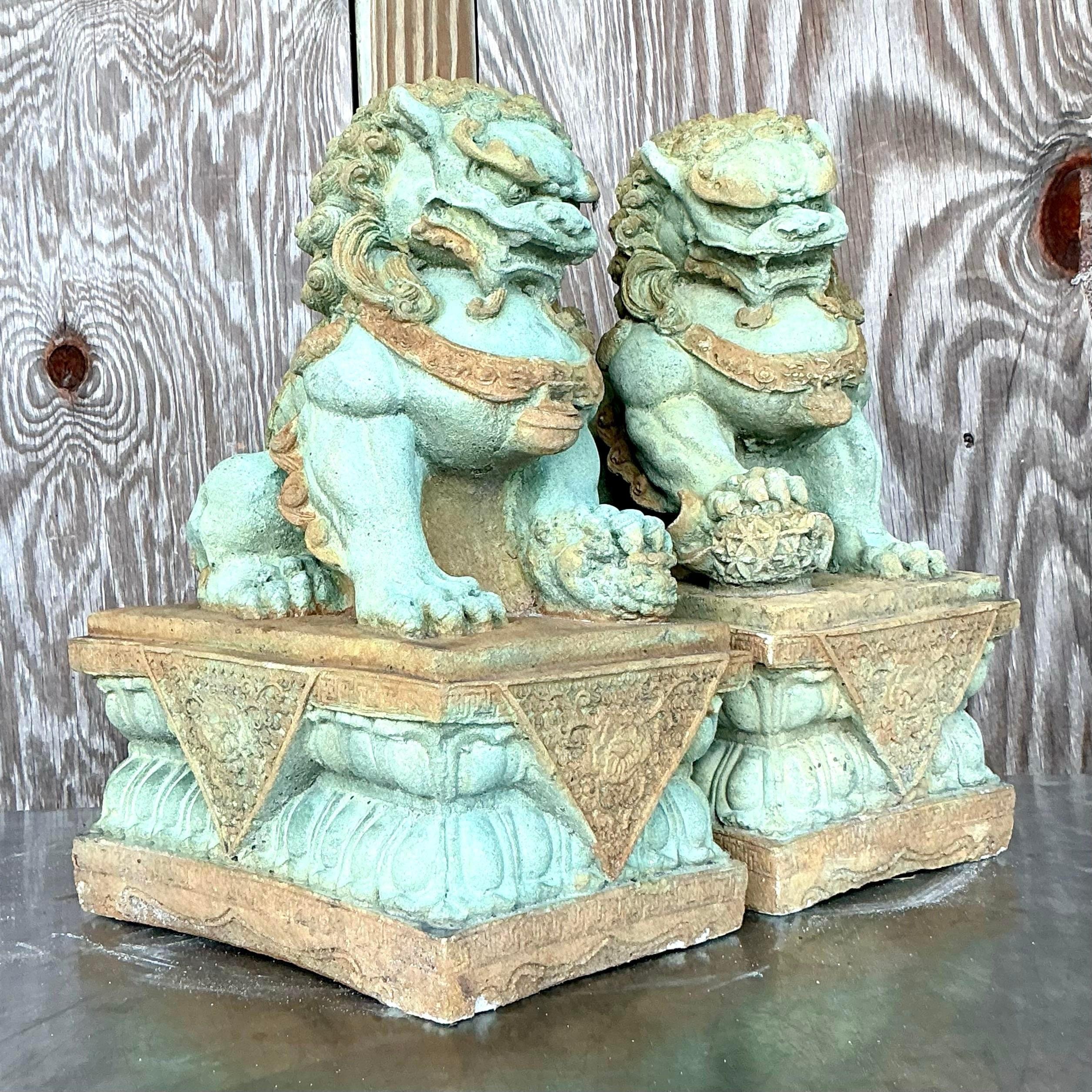 American Vintage Asian Tinted Cast Concrete Foo Dogs - a Pair