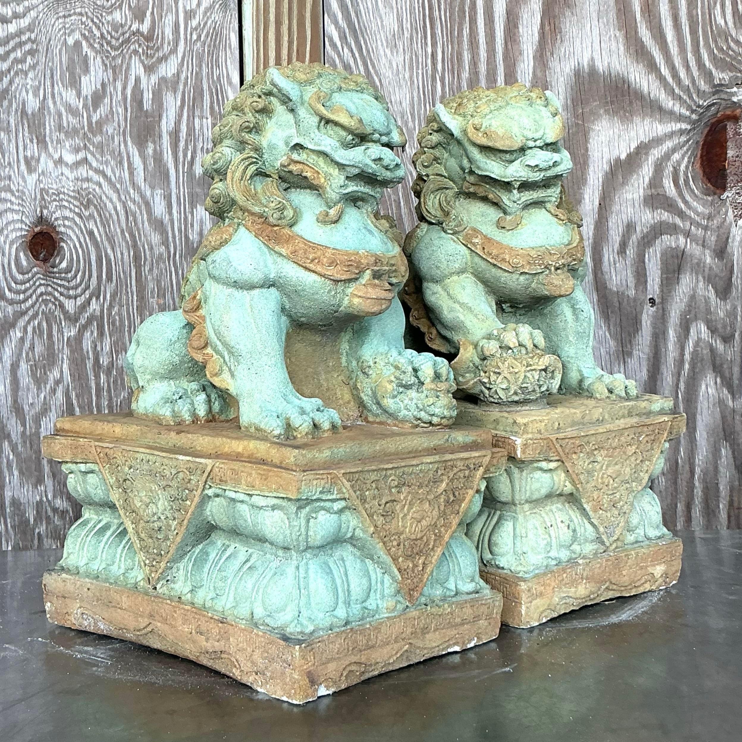 20th Century Vintage Asian Tinted Cast Concrete Foo Dogs - a Pair