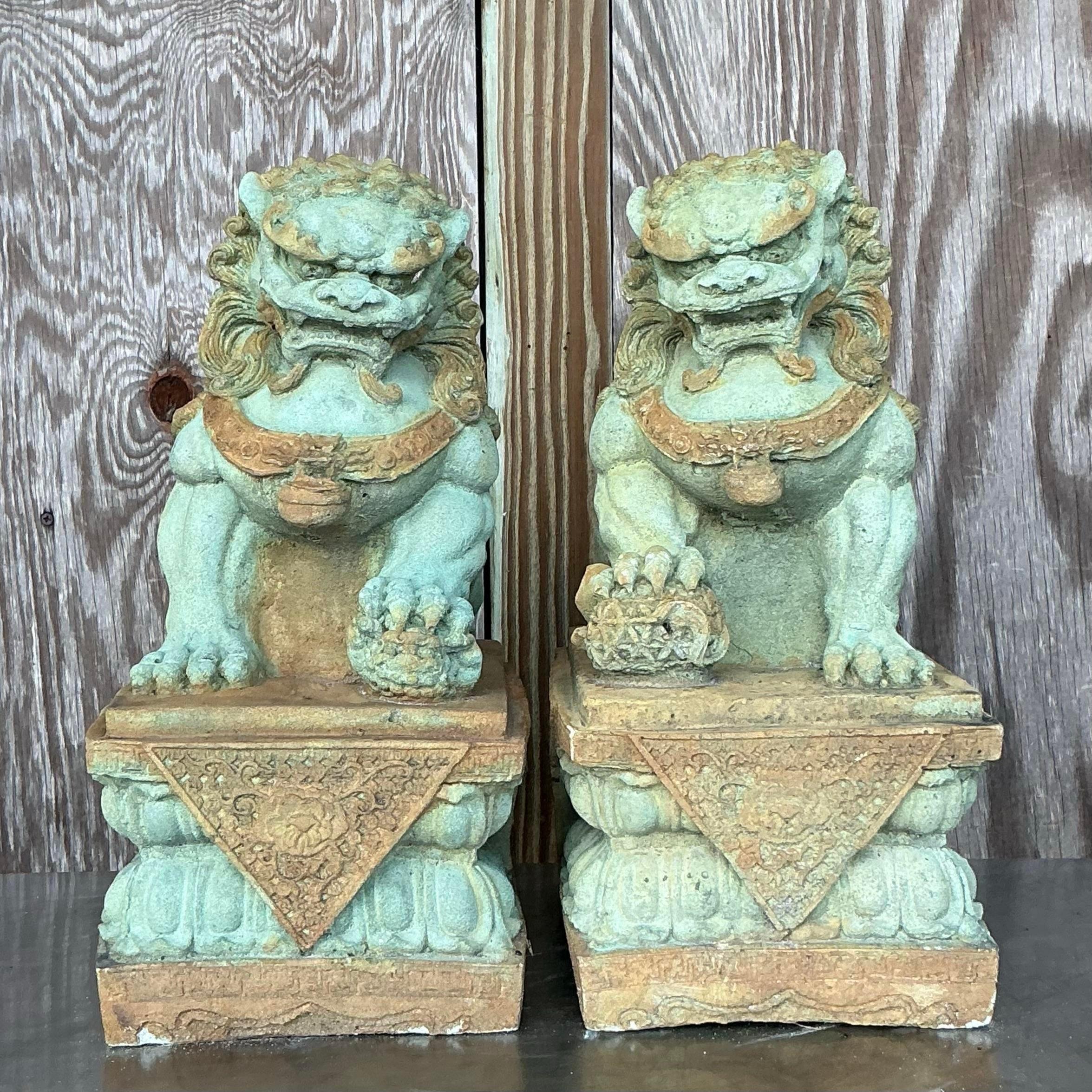 Vintage Asian Tinted Cast Concrete Foo Dogs - a Pair 1
