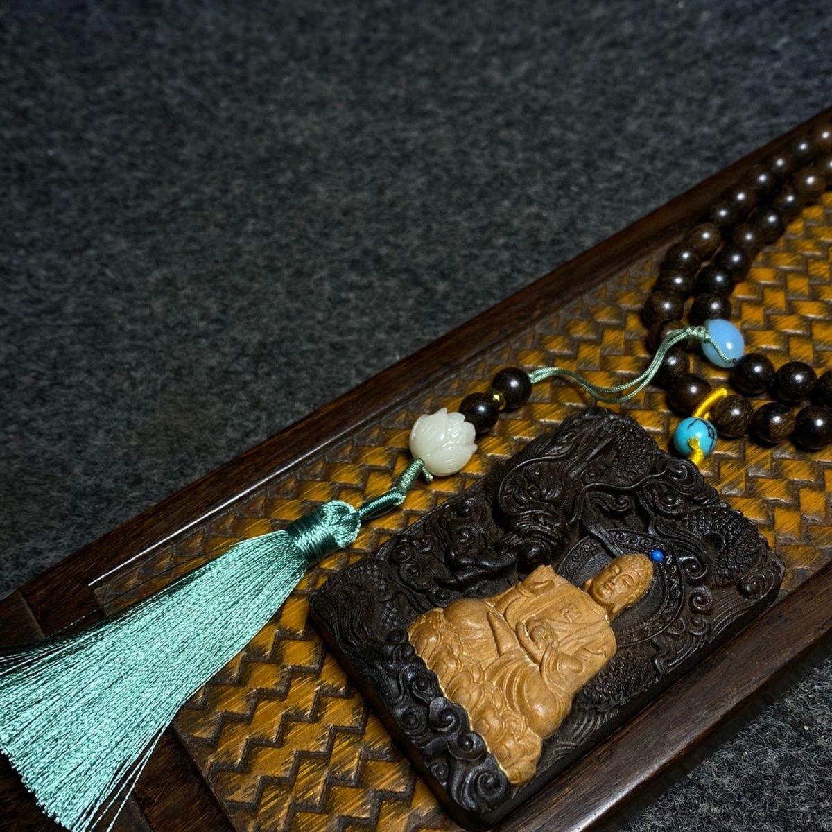 Vintage Asian Wood 108 Beads Necklace with Carving Dragon Buddha Plaque For Sale 1