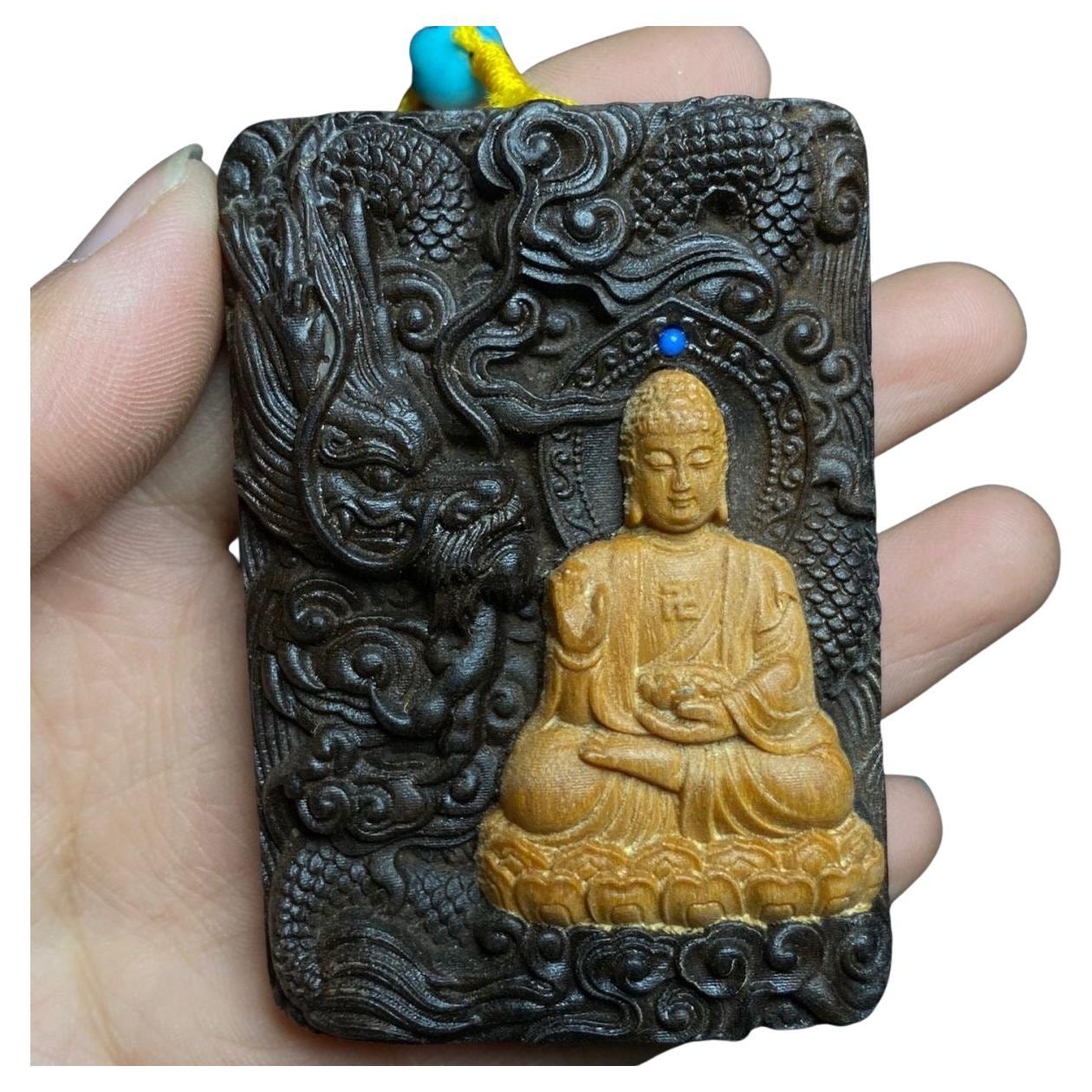 Vintage Asian Wood 108 Beads Necklace with Carving Dragon Buddha Plaque