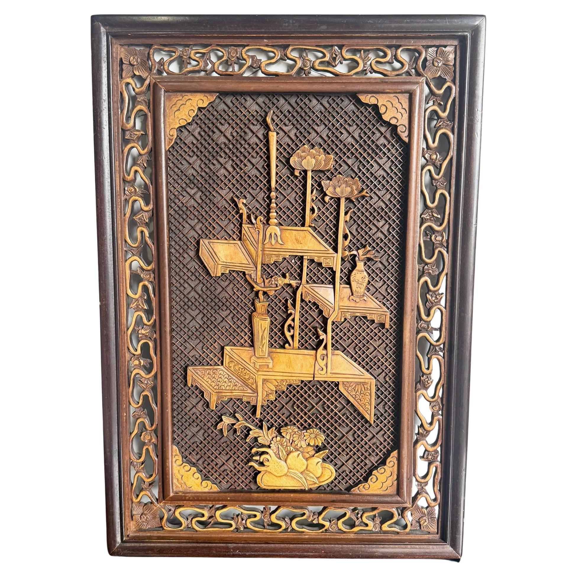 Panneau asiatique vintage sculpté en bois