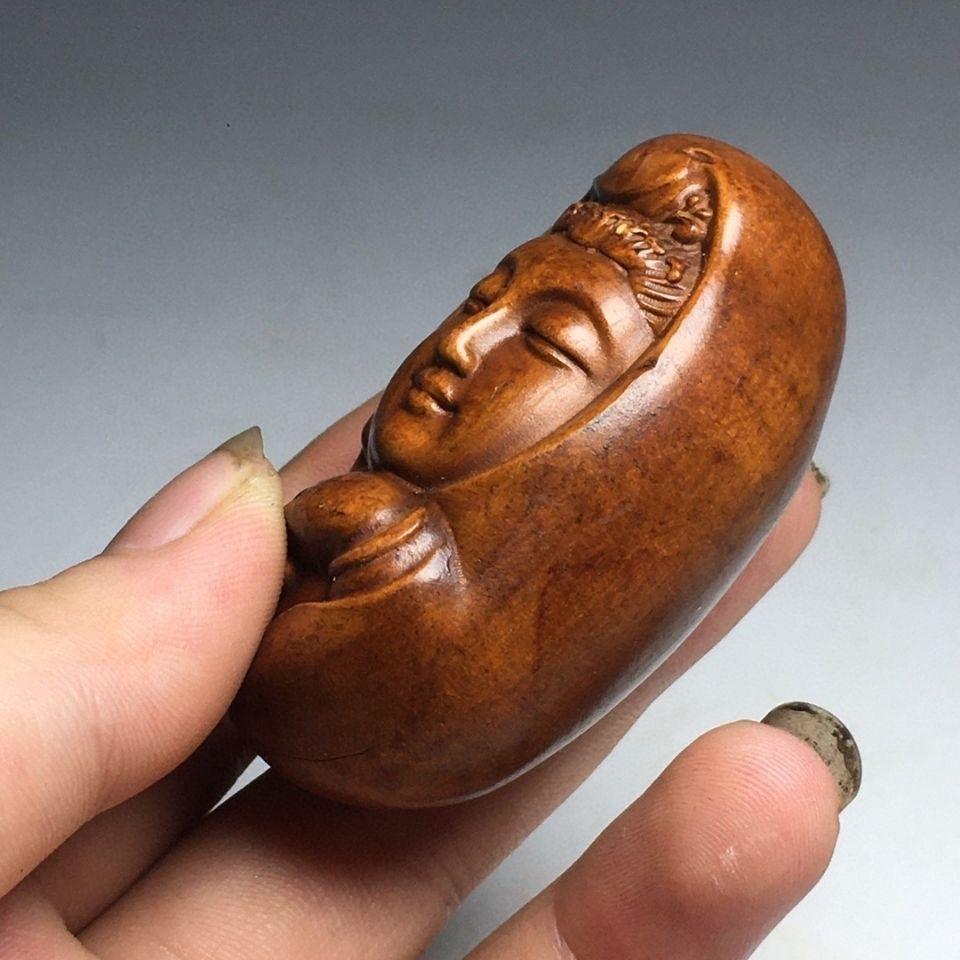Vintage Asian Wood Carving Guan Yin Buddha Handheld Ornament For Sale 6