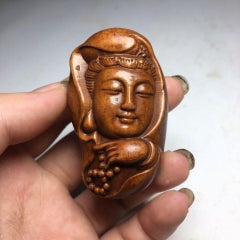 Vintage Asian Wood Carving Guan Yin Buddha Handheld Ornament