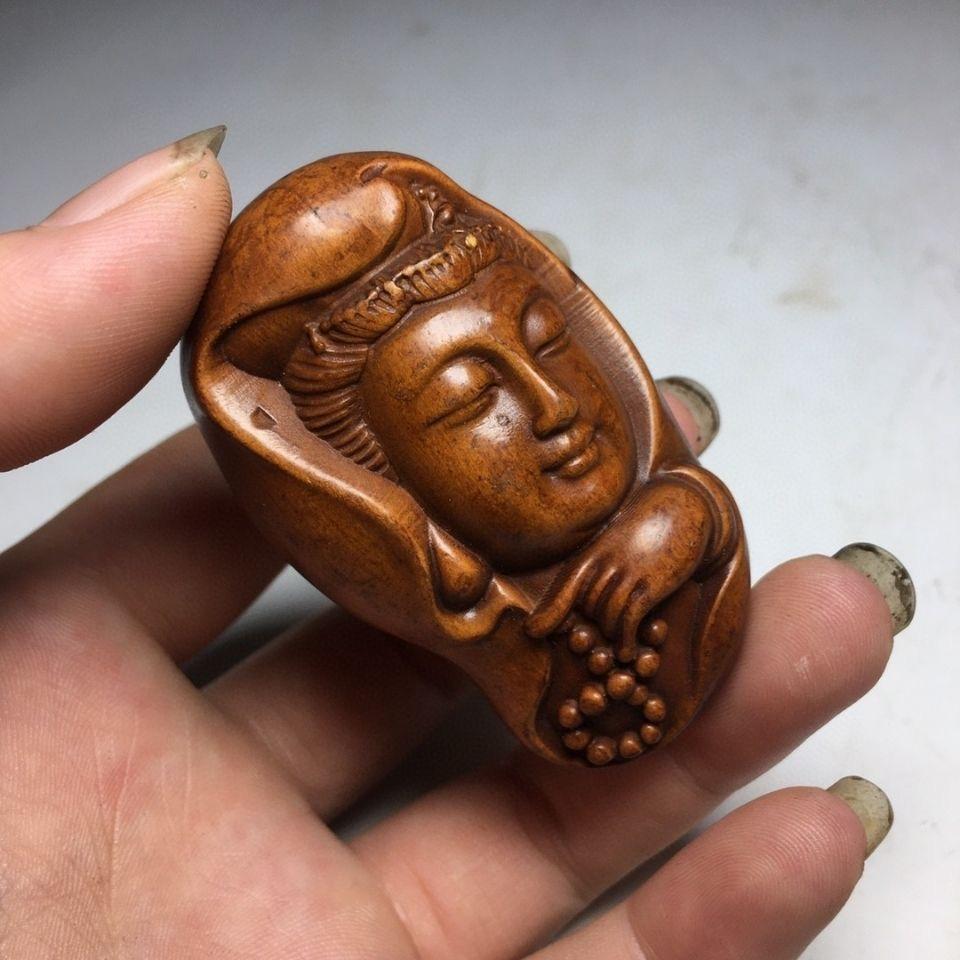 Vintage Asian Wood Carving Guan Yin Buddha Handheld Ornament For Sale 2