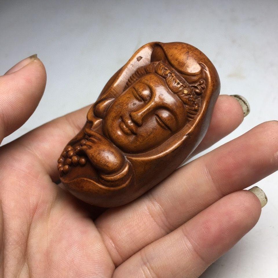 Vintage Asian Wood Carving Guan Yin Buddha Handheld Ornament For Sale 3