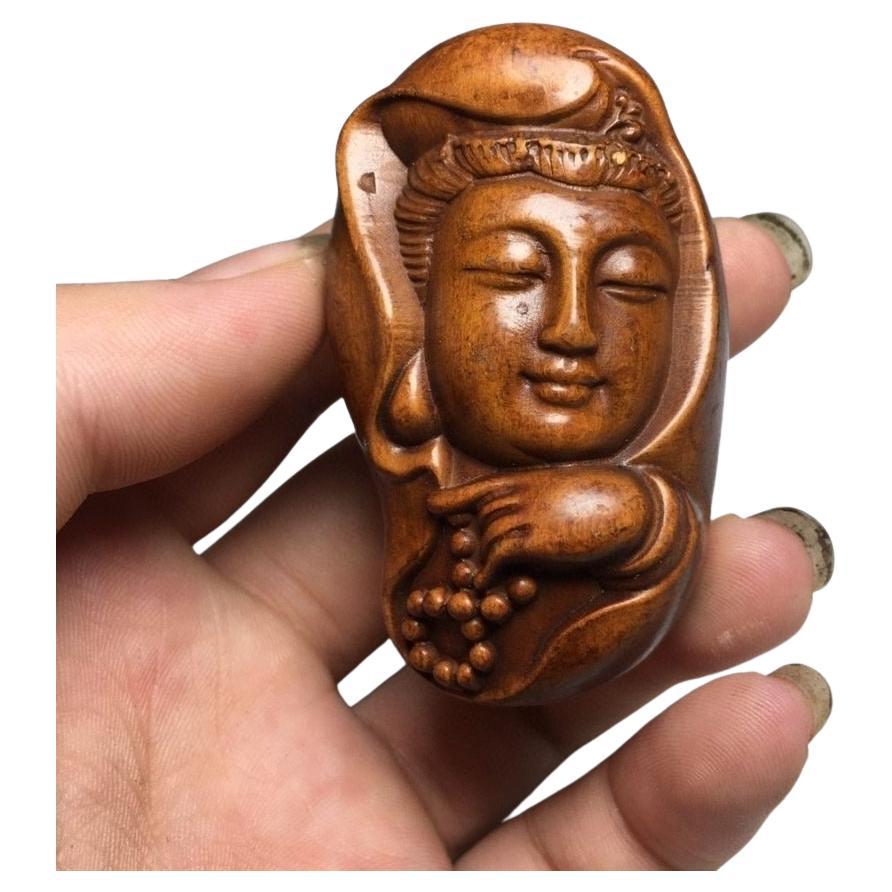 Vintage Asian Wood Carving Guan Yin Buddha Handheld Ornament