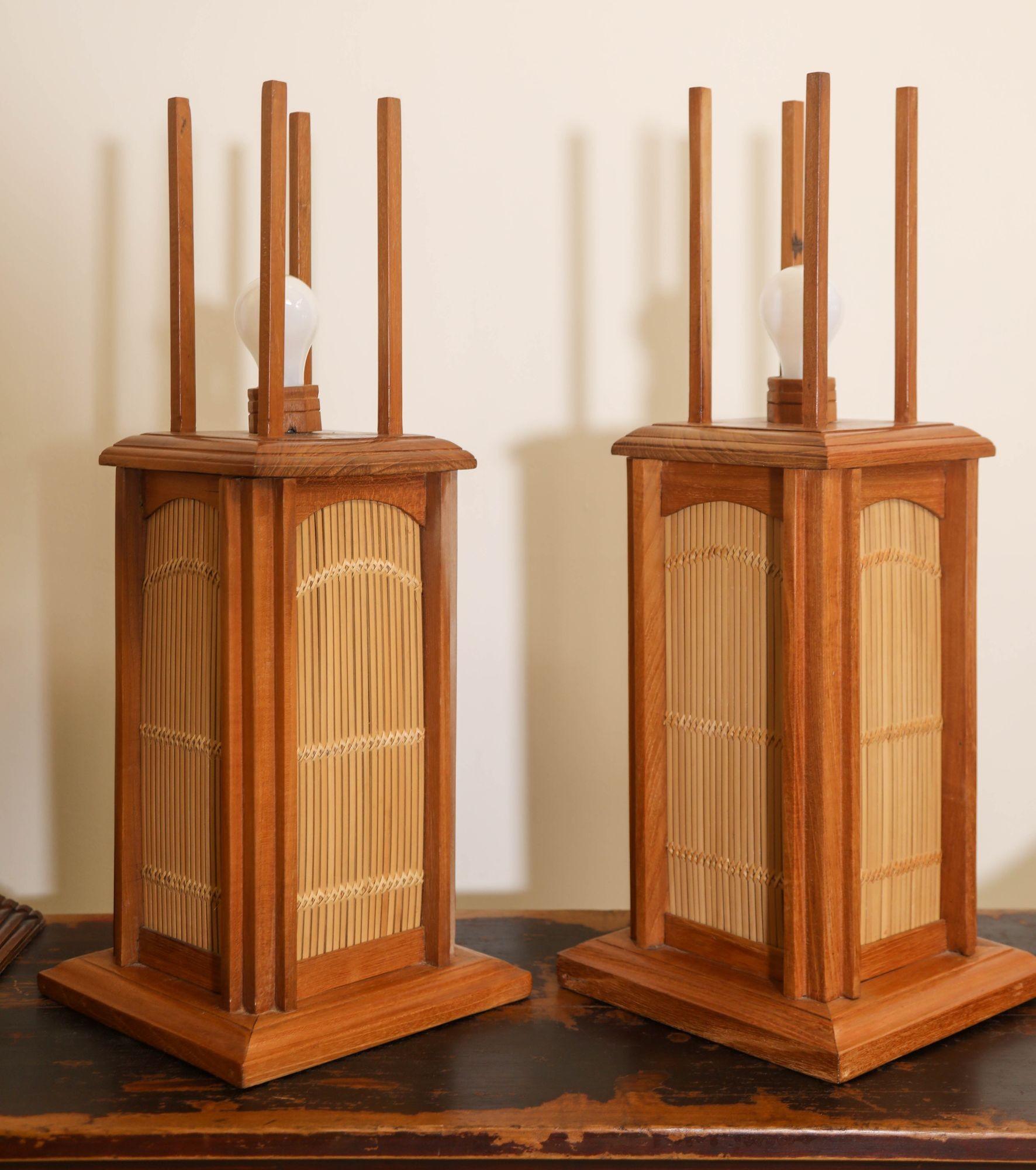 Rattan Vintage Asian Wood Table Lamps Handcrafted in Japan For Sale