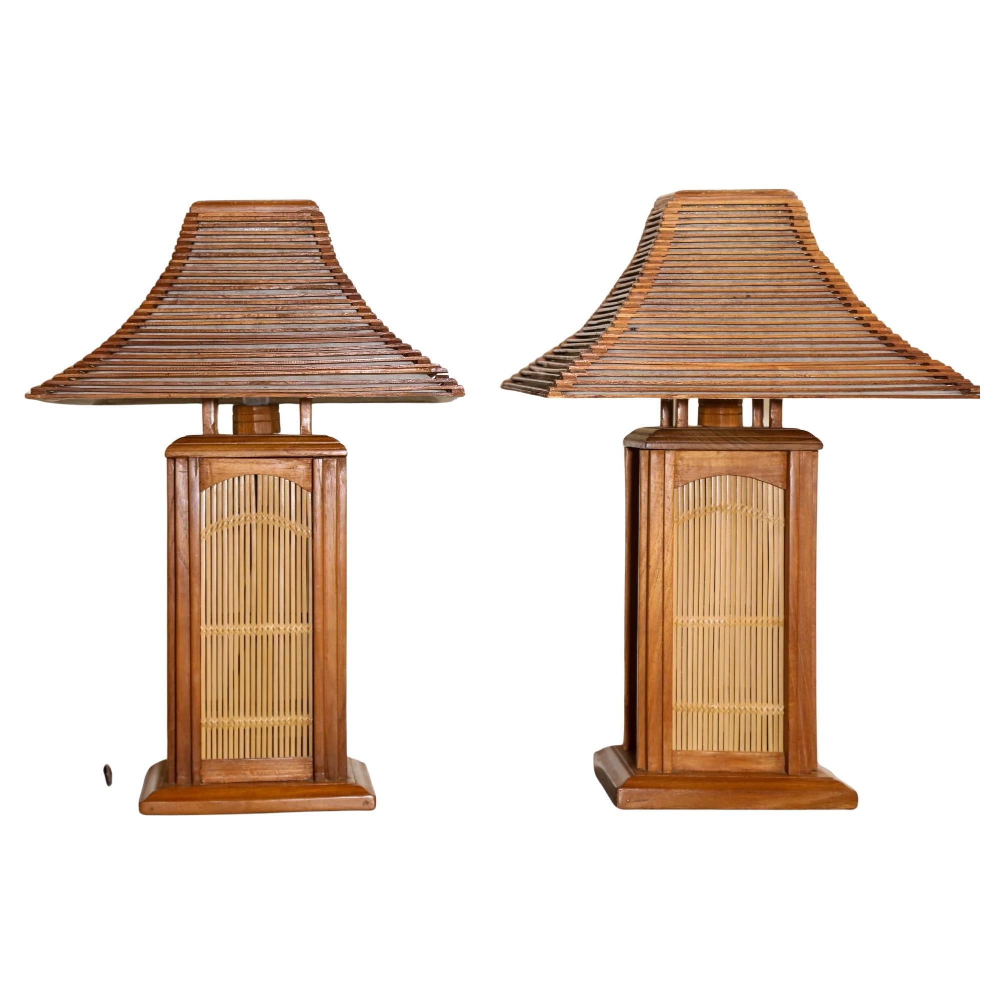 Vintage Asian Wood Table Lamps Handcrafted in Japan For Sale