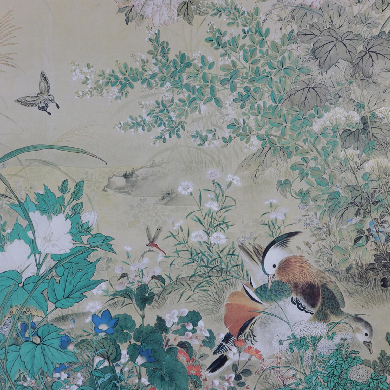 Vintage framed and matted Asian woodblock print depicts birds, flowers and butterflies in garden setting, chop mark signed and stamped lower right, circa 1940.

Measures: Frame 31.25