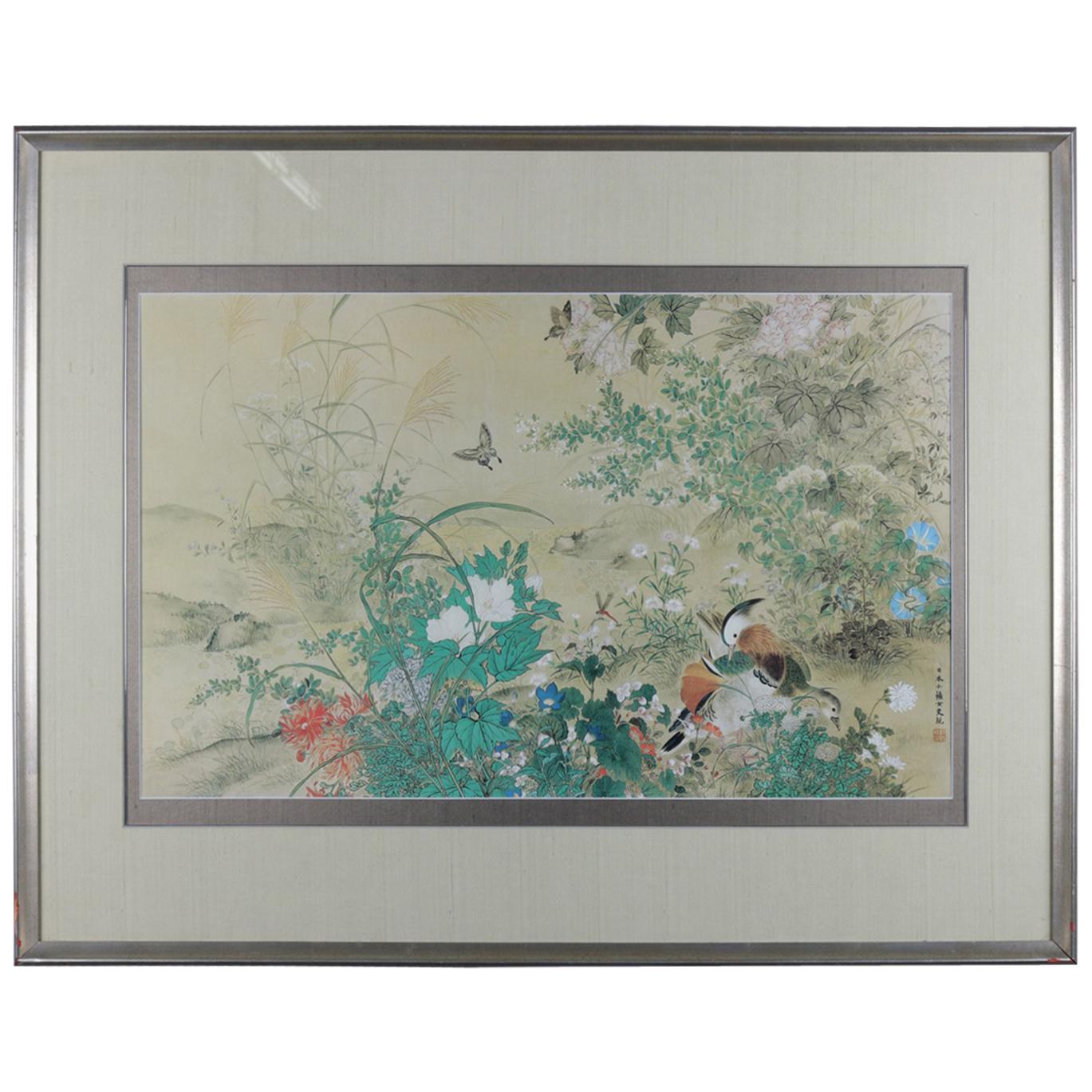 Vintage Asian Woodblock Print of Garden with Birds, Chop Mark Signed, circa 1940