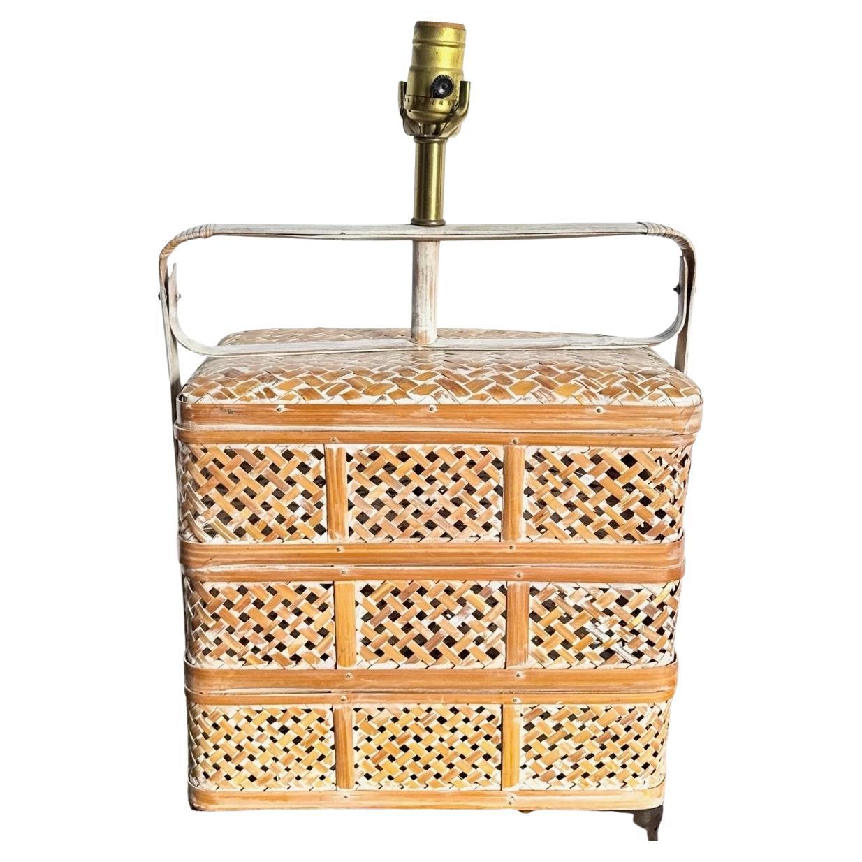 Vintage Asian Woven Basket Basket Table Lamp For Sale