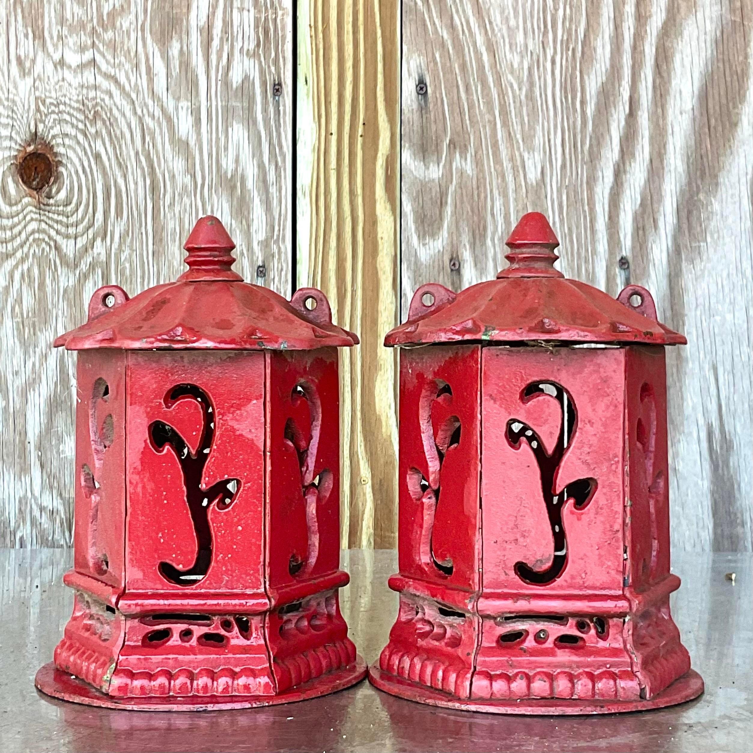 Bohemian Vintage Asian Wrought Iron Pagoda Lanterns - a Pair