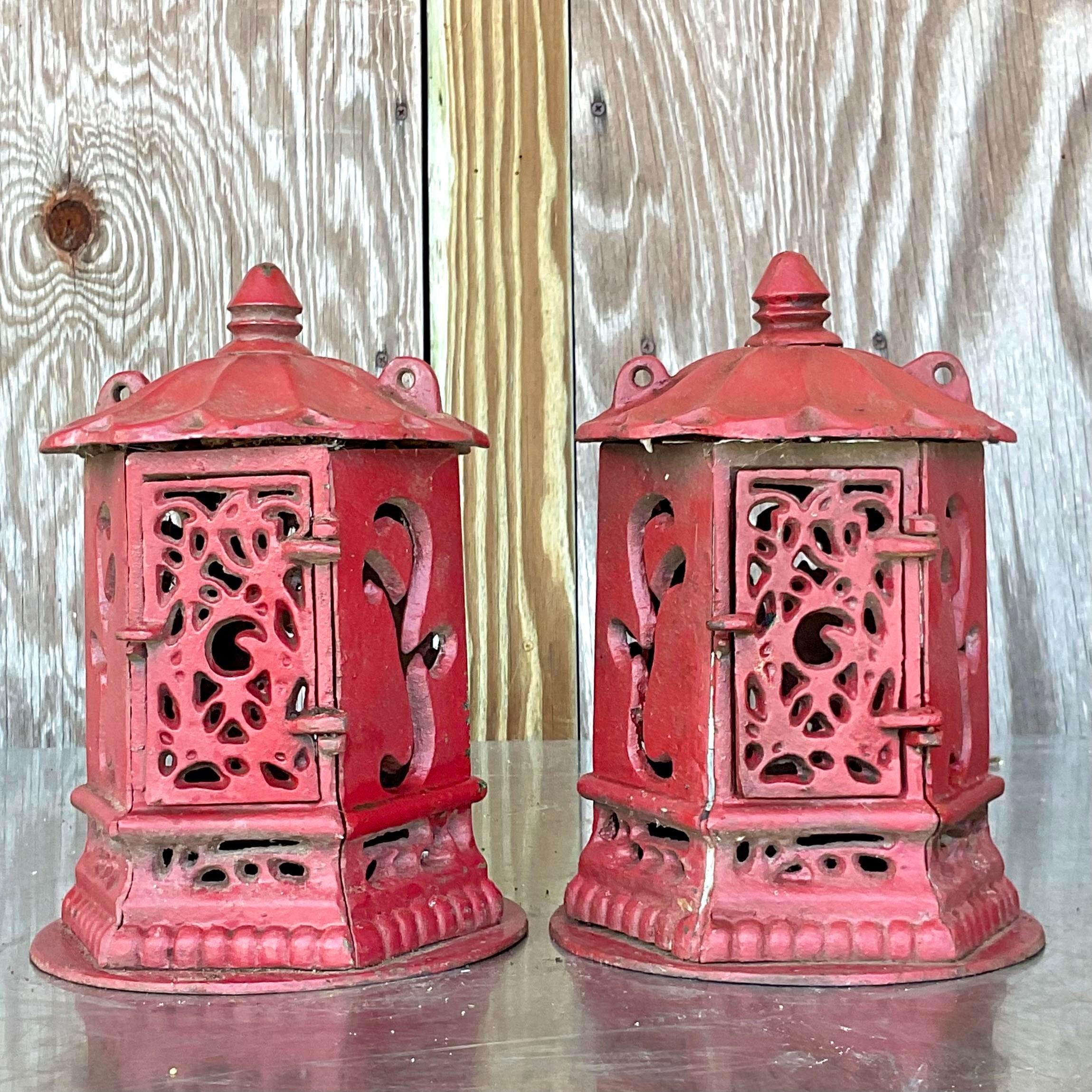 American Vintage Asian Wrought Iron Pagoda Lanterns - a Pair