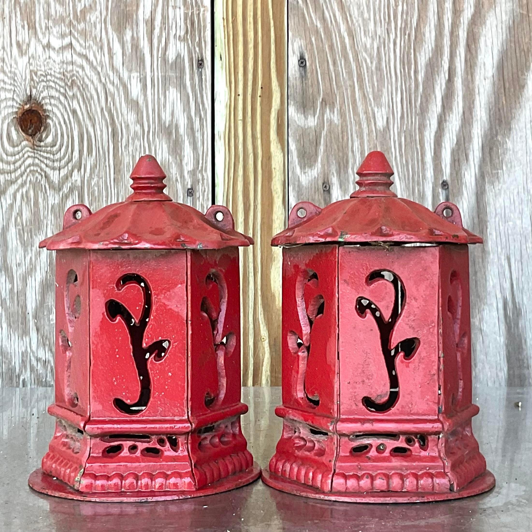 Vintage Asian Wrought Iron Pagoda Lanterns - a Pair In Good Condition In west palm beach, FL