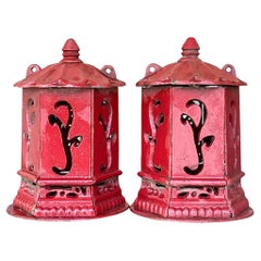 Vintage Asian Wrought Iron Pagoda Lanterns - a Pair