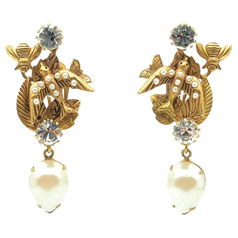 Vintage Askew of London Swallow & Bee Pearl Earrings 1980s For Sale