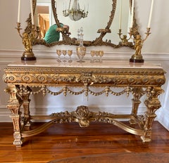 Mesa consola vintage Asnaghi Interiors de madera de gilt tallada con tapa de mármol pulido