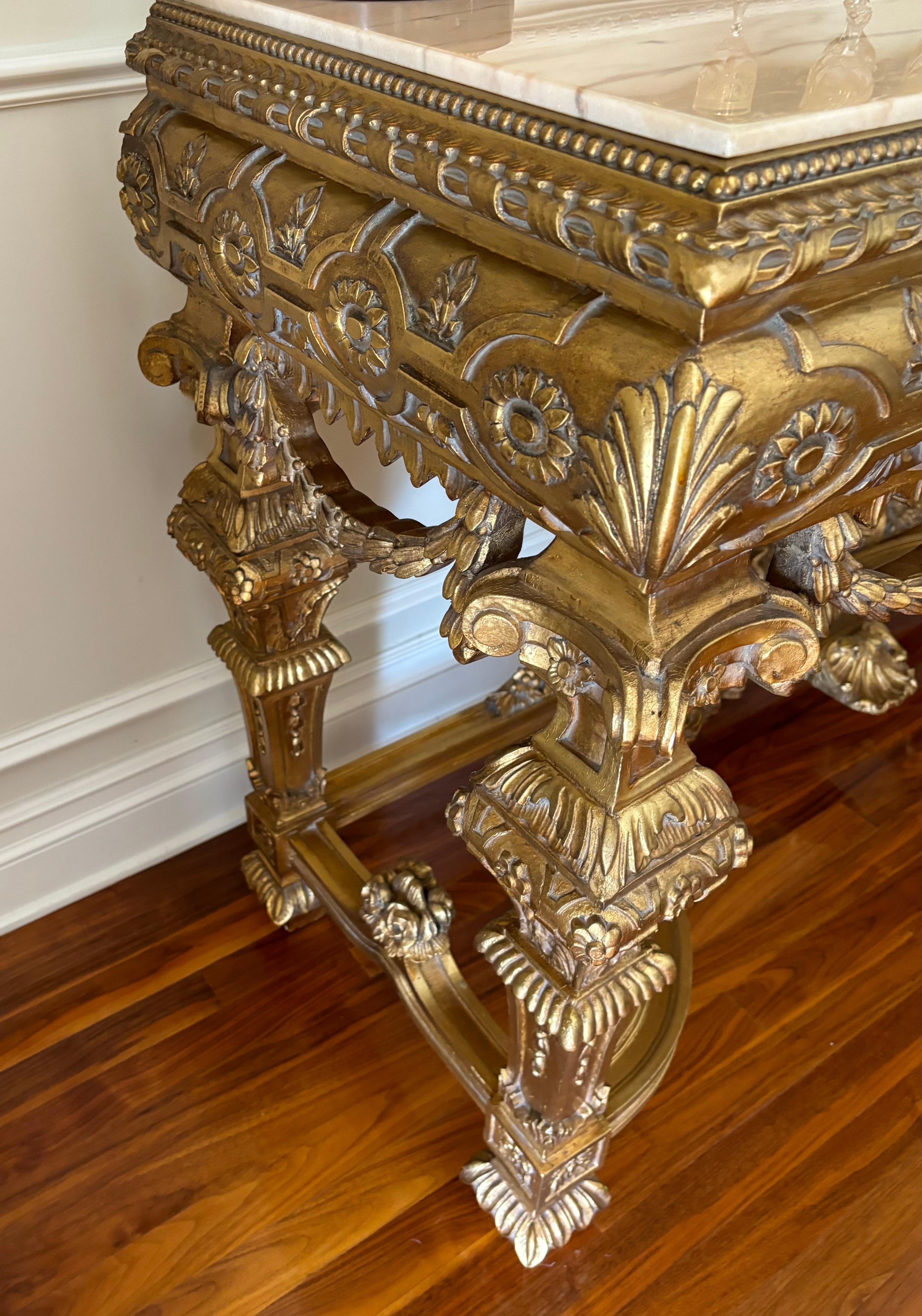 Rococo Vintage Asnaghi Interiors Carved Giltwood Console Table With Polished Marble Top For Sale