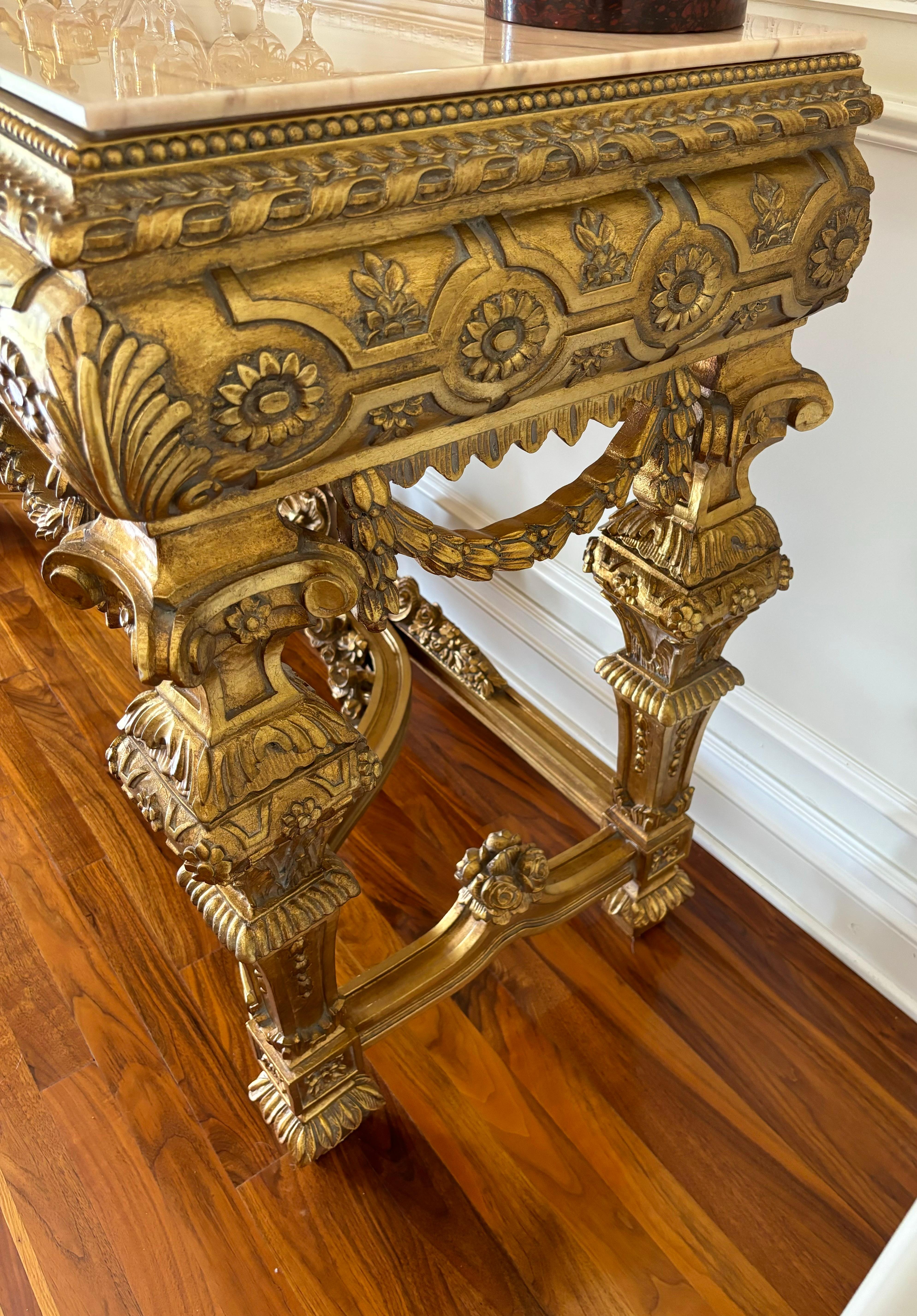 Late 20th Century Vintage Asnaghi Interiors Carved Giltwood Console Table With Polished Marble Top For Sale