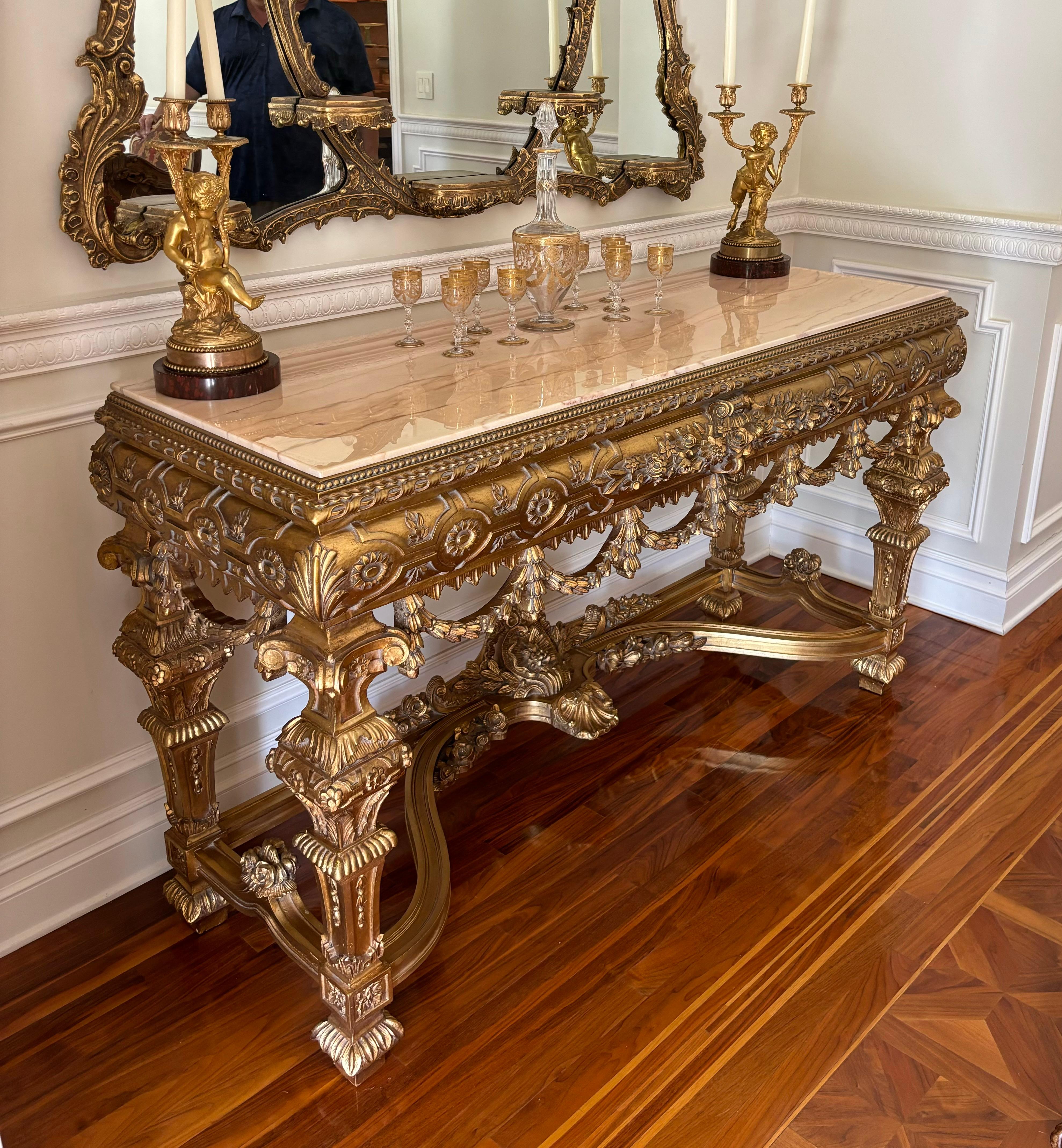 Vintage Asnaghi Interiors Carved Giltwood Console Table With Polished Marble Top For Sale 1