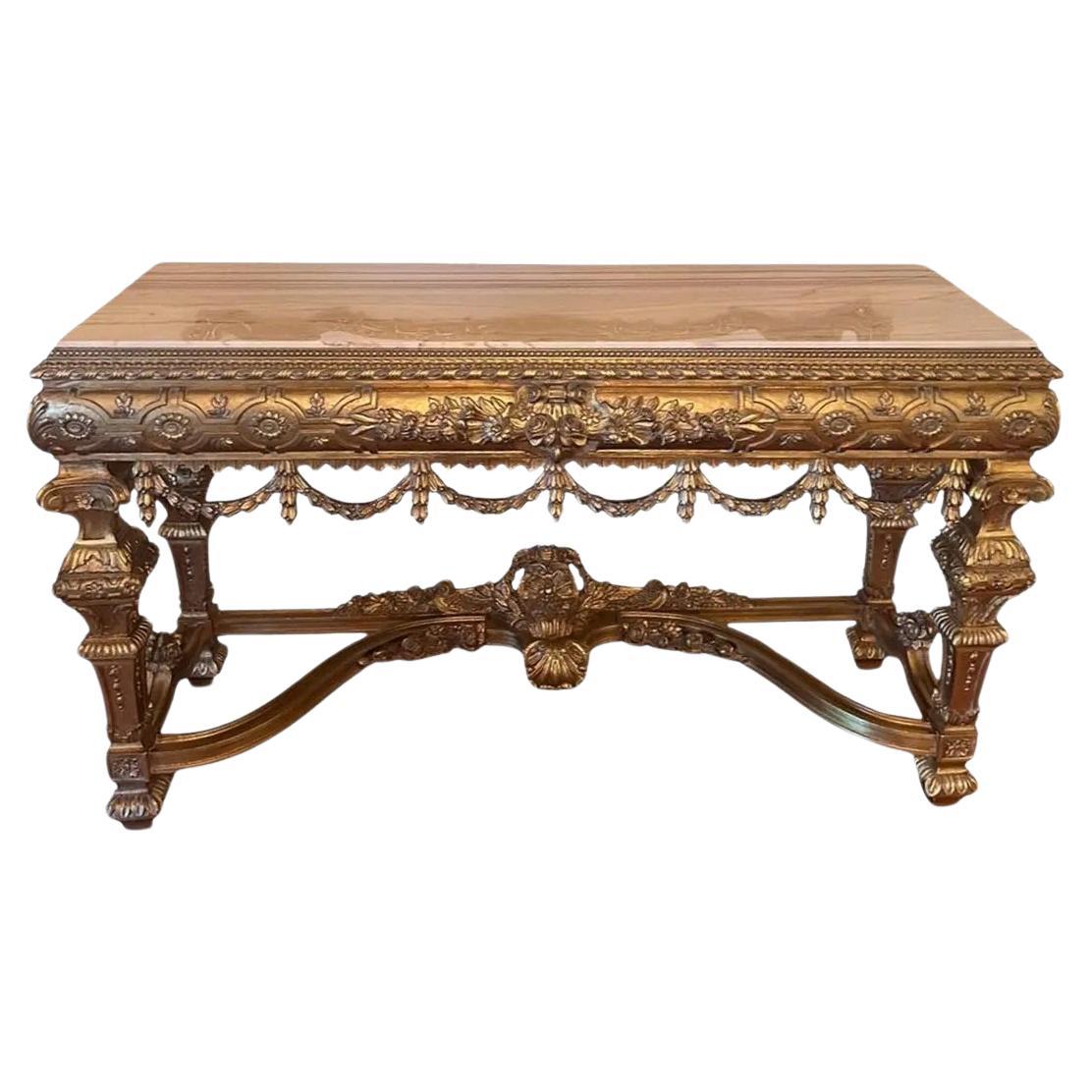 Vintage Asnaghi Interiors Carved Giltwood Console Table With Polished Marble Top For Sale