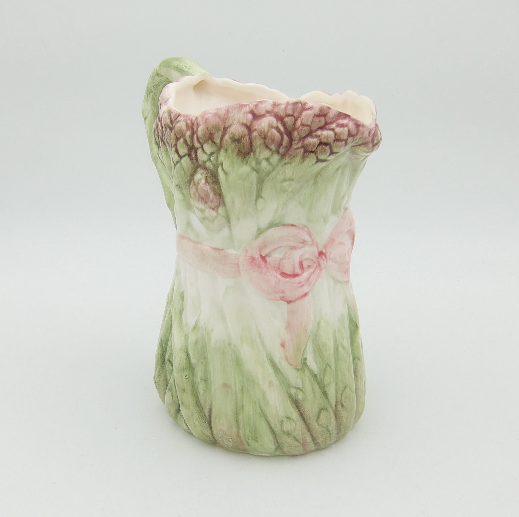 Korean Vintage Asparagus Pitcher with Majolica Style Green and Pink Glaze